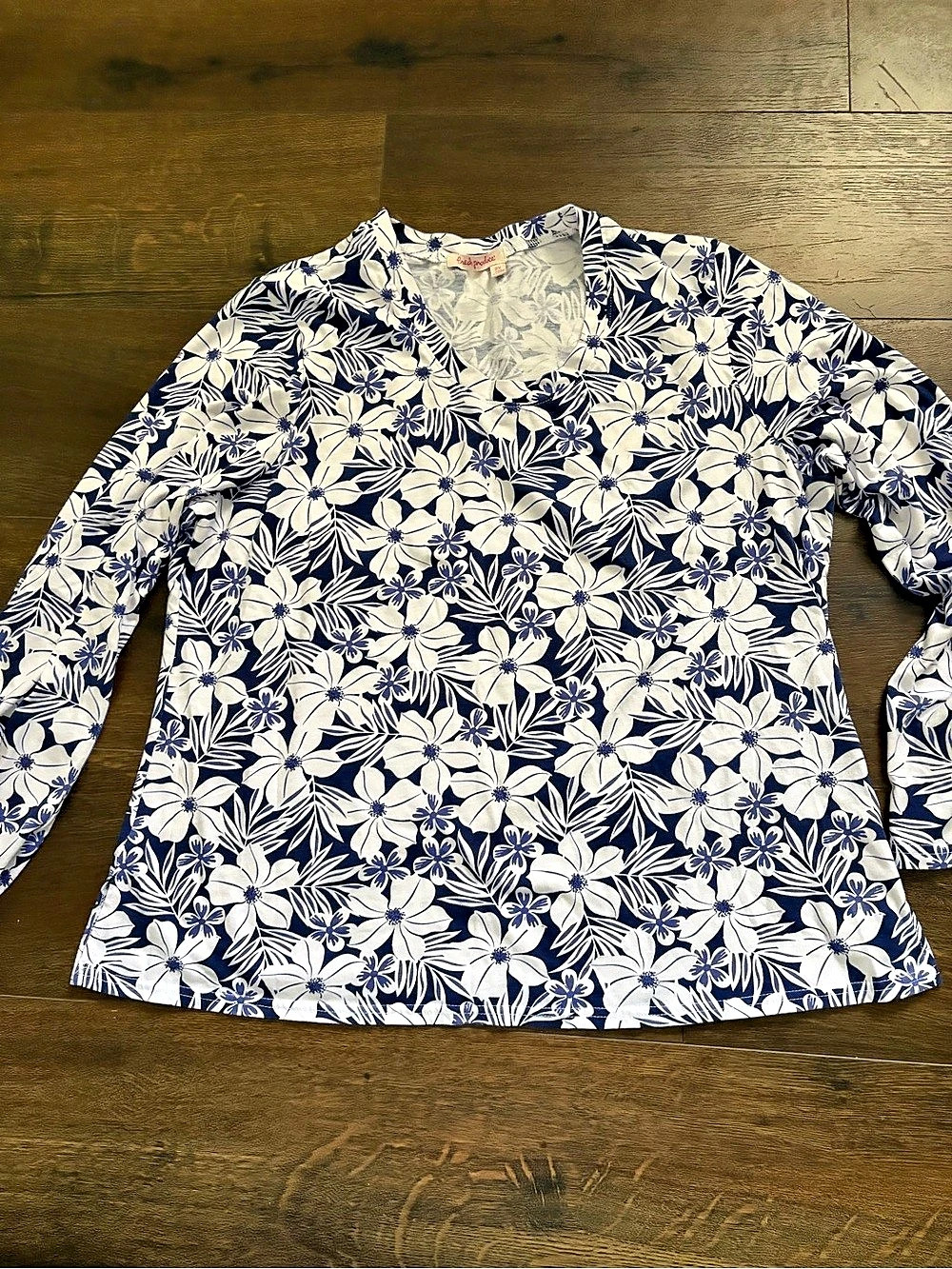 Fresh Produce Floral Long Sleeve Tunic Blue & White 2X